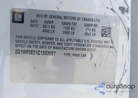 2012 Chevrolet Impala Ls z USA, uszkodzony, nr VIN 2G1WF5E31C1303587